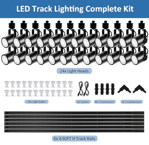 Image of GU10 LED Black Track Lighting Complete Kit, 6000K Cool White, 24 Packs GU10 Dimmable Ceiling Spotlight Fixture with 26.24ft H Type Track Rails, Replaceable 10W LED Bulbs for Home
