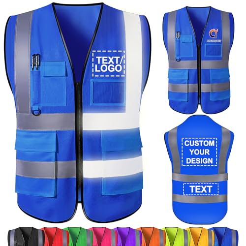 Custom Safety Vest with Name Logo Text Personalized High Visibility Reflective Vests with Pockets Customized Work Vest for Men Construction Employee 4X-Large Blue