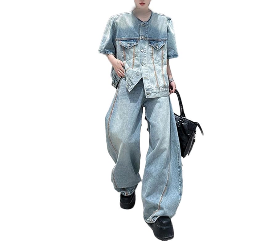 Pohullan Men Streetwear Two-Piece Sets Baggy Wide Leg Jeans Short Sleeve Button S Denim Coat2
