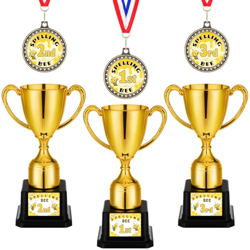 Kenning 6 Pcs Spelling Bee Trophy Medals Set 3rd 2nd 1st Gold Metal Winner Medals with Neck Ribbon with Plastic Trophy Cups and Stickers Spelling Bee Award for Competitions Reward Party Supplies
