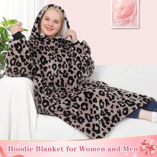 Image of Waitu Wearable Blanket Sweatshirt Gifts for Women and Men, Sherpa Wearable Blanket Hoodie, Oversized Thick Sherpa Hoodie Blanket, Body Blanket Robe - Leopard