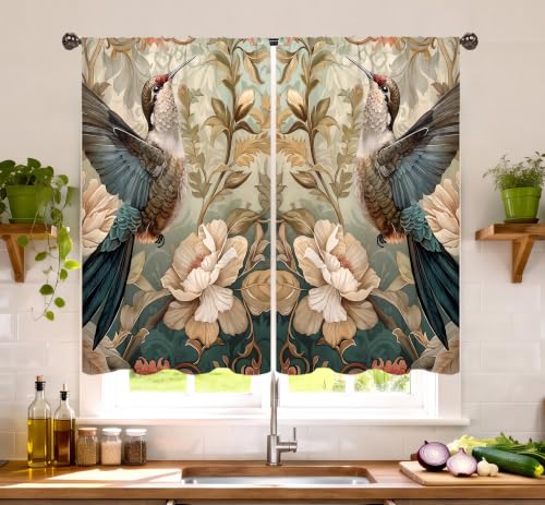 Famiffty Vintage Flower Bird Kitchen Curtains 27.5W X 39L Inch 2 Panels Hummingbird Retro Floral Small Short Cafe Tier Window Curtains Window Drapes Treatment Bathroom Decor