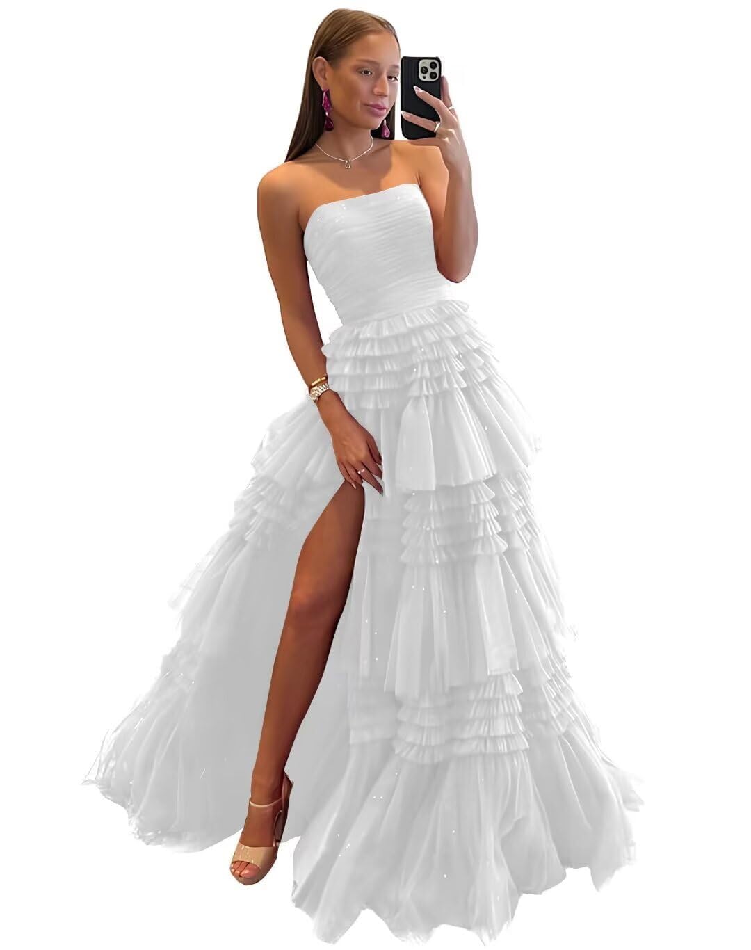 Tulle Tiered Prom Dress for Women 2025 A Line Formal Dresses Strapless Evening Party Gown with Slit