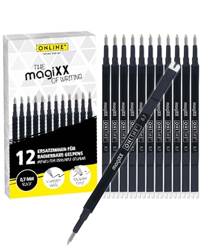 Online MagiXX   Recambio de tinta borrable (12 unidades, 0,7 mm, compatible con todos los sistemas comunes, para bolígrafos borrables, bolígrafos de gel, tinta de gel, recambio intercambiable)