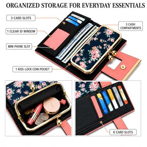 Image of Floral Wallet for Women, Vintage Kiss-Lock Clutch Purse | 10 Card Slots, Full-Length Bill Compartment and Organized Storage,Secure Kiss-Lock Closure, Vintage PU Leather Gift Box