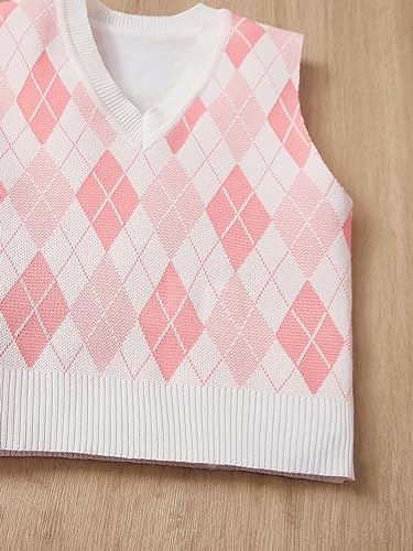 Milumia Girl's Casual Argyle Plaid Sweater Vest Round Neck Sleeveless Crop Top Pink and White 8Y4
