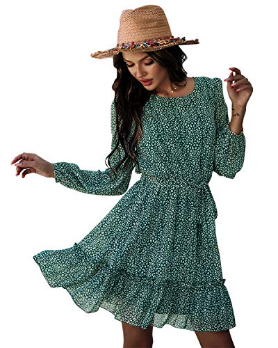 Casual Mini Dresses for Women,Women's Summer Casual Boho Floral Print Ruffle Loose Siwng Mini A Line Skater Party Dresses with Belt Charming-Green S