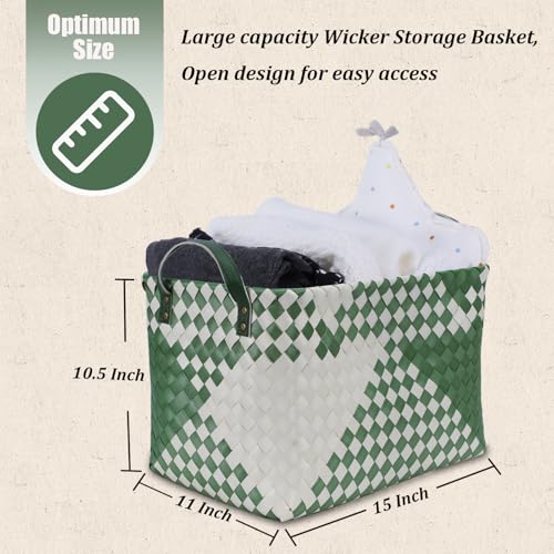 Image of BROWNLILY Handwoven Clothes Basket Laundry Hampers Large Wicker Storage Baskets for Shelves Blankets Closet Storage Bins Car Bedroom Bathroom Organizers and Storage Bath (Pack of 4, Green&White)