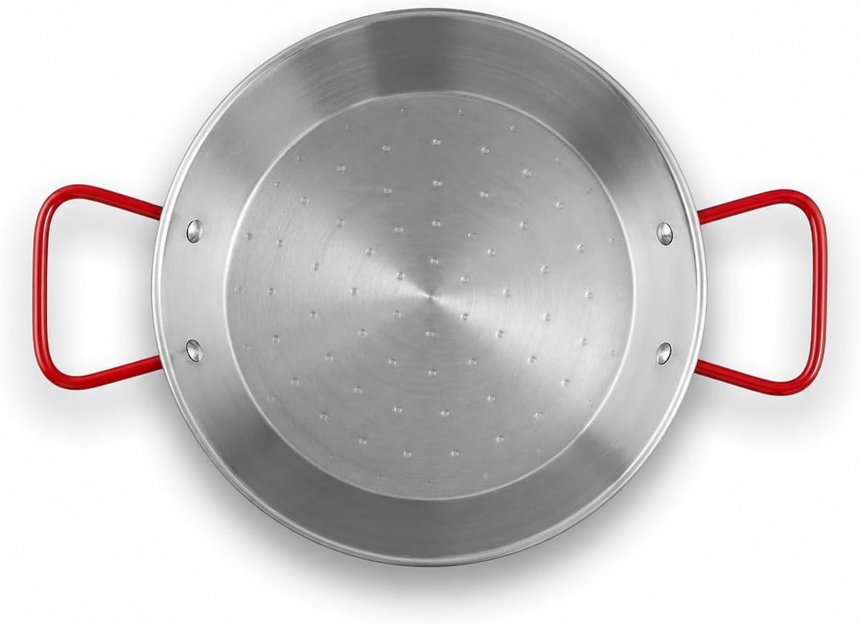 Carbon Steel Paella Pan, Silver Round with Dual Red Handles, Uncoated Dimpled Surface for 9-16 Guests, Hand Wash Only (Polished, 11")