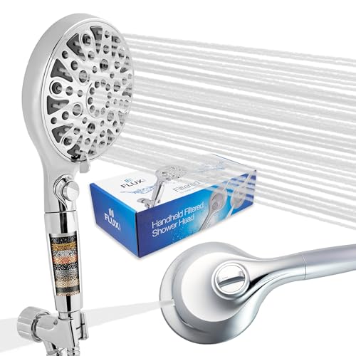 Flux Fresh Detachable Handheld Filtered Shower Head with 15-stage Replaceable Hard Water and Chlorine Filter, 8 Spray Modes, 2 Power Cleaning Sprays, Water Conserving On/Off Switch. 1 Extra Filter.