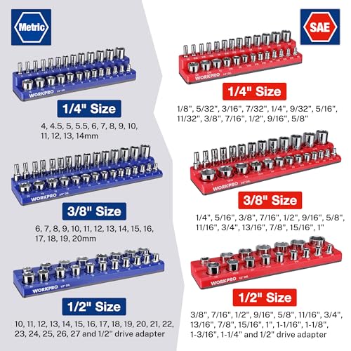 Image of WORKPRO 8-Piece Magnetic Socket and Wrench Organizer Set | 6-Piece Socket Holders, 1 /4 inch 3 /8 inch 1 /2 inch DR Tool Trays, For Metric SAE Sockets, 2-Piece Wrench Holders, For Metric SAE Wrenches