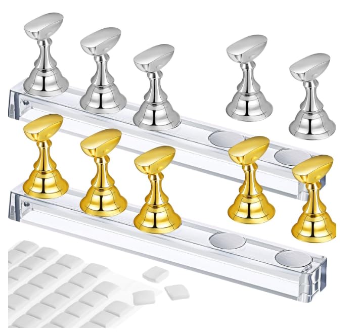 NPAH 2 Set Acrylic Nail Art Practice Stands Magnetic Nail Tips Holders Training Fingernail Display Stands DIY Crystal Holders and 96 Pieces White Reusable Adhesive Putty (2PC DIFFERENT COLOUR NAIL STAND + CLAY)-image-48