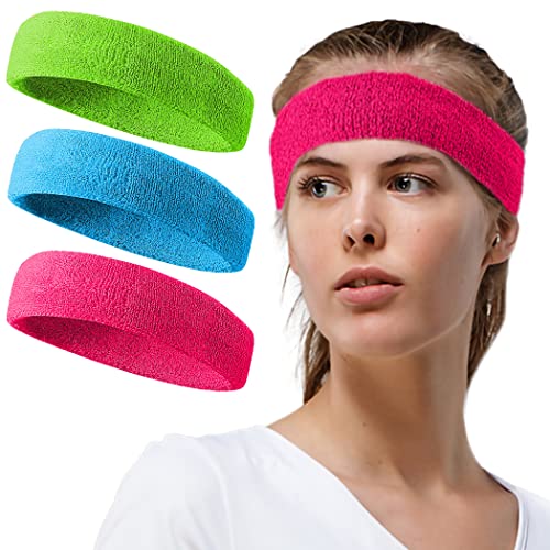 Tanluhu Sweatbands Sport Headbands/Wristbands For Working Out, Exercise, Tennis, Basketball, Running - Terry Cloth Athletic Sweat Cotton Headband Outdoor For Men & Women (A-3-Ltblue+Hotpink+Ltgreen) #TOP17