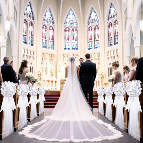Dingion 30 Set Large Wedding Pew Bows Wedding Aisle Decorations with 47" Fabric Tulle Church Chair Aisle Decor for Bridal Shower Reception Ceremony Anniversary Christmas Parties(White)