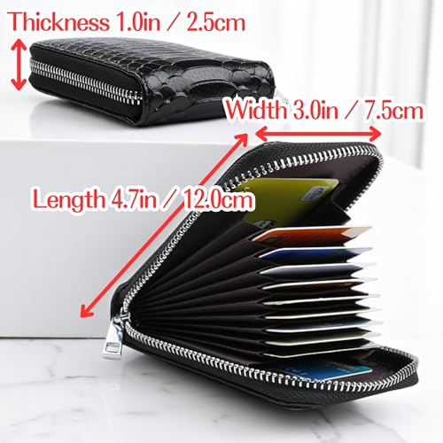 Genuine Leather 11 Card Slots Minimalist Zipper Accordion Purse with Key Ring Strap, Snake Pattern Colorful Slim Multi Pockets Zip Around Wallet, Compact Card Organizer (Black)3