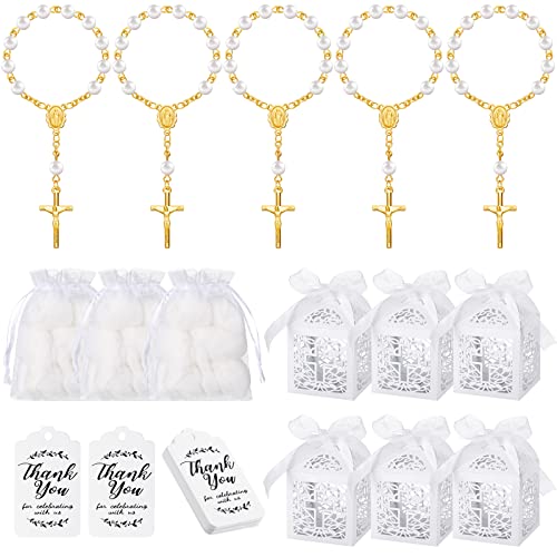 100 Pieces Baptism Favors Set Includes 25 Pieces Mini Rosary 25 Pieces Baptism Favor Boxes 25 Pieces White Organza Bags with Drawstring 25 Pieces Thank Tags for Baby Shower Party Supplies (Gold)