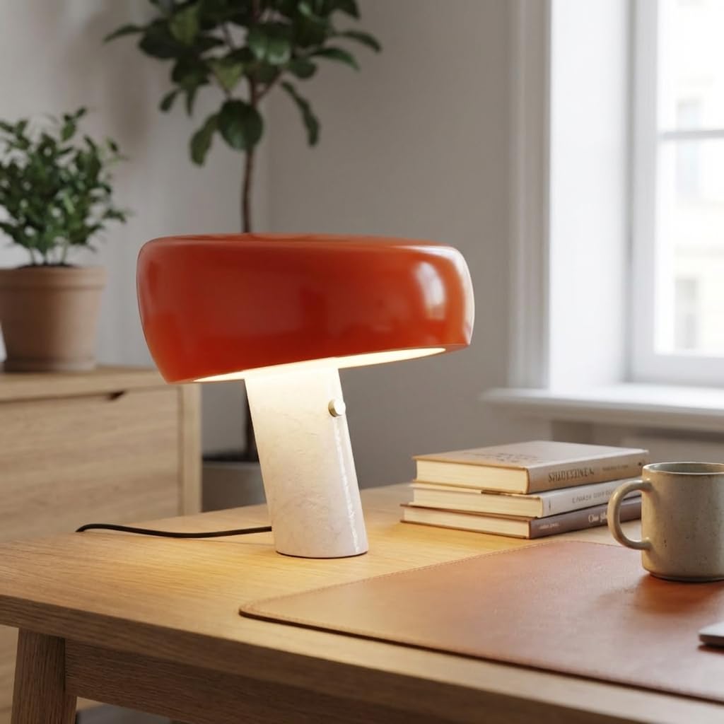 BARCELONA LED Lámpara de Mesa Moderna Naranja con Base de Mármol Blanco, Diseño Clásico y Lujoso para Escritorio, Mesita de Noche o Sala, Estilo Retro y Elegante Pequeña Luz Directa E27, 28cm
