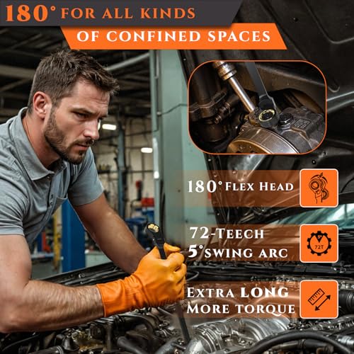 Image of Extra long flex head ratcheting wrench set 6PCS Metric (8-19 mm) double box end ratcheting wrench set with180 Flex Head Black Electrophoretic Coating ratchet wrenches set for Auto Machine Repair