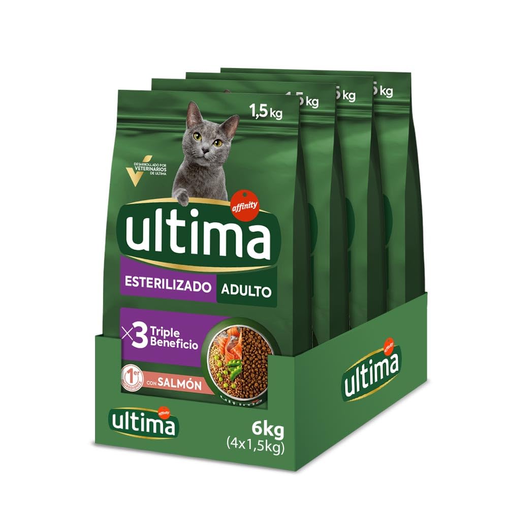 Ultima Esterilizado Adult Salmon, Comida seca para gatos, Pack de 4 x 1,5kg, Total 6kg