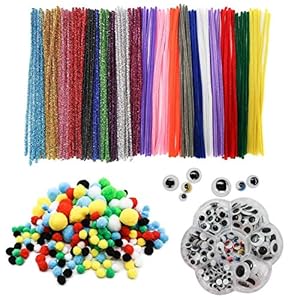 TOAOB Tiges de Fils Chenille Colorés Cure Pipes Cleaner 100pcs avec Yeux Mobiles Autocollants 154pcs et Multicolore Pompons 100pcs pour Art DIY Artisanat Décoration Fournitures Loisirs Creatifs