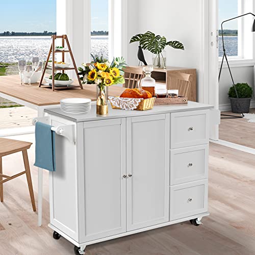 COSTWAY-Kitchen-Island-cart-on-Wheels-Mobile-Serving-Cart-wStainless-Steel-Countertop-3-Drawers-2-Door-Cabinet-Adjustable-Shelves-Towel-Holder-Spice-Rack-Utility-Trolley-on-Wheels-White COSTWAY Kitchen Island cart on Wheels Mobile Serving Cart wStainless Steel Countertop 3 Drawers 2 Door Cabinet Adjustable Shelves Towel Holder Spice Rack Utility Trolley on Wheels White