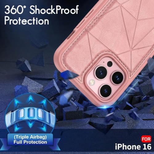 Image of amazon basics Premium Vegan Leather Back Cover with Card Holder and Integrated Mobile Stand for iPhone 16 Pro - Slim Shockproof Wallet Case with Geometric Stitching [Pink]