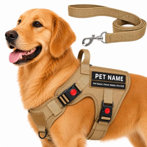 Image of Customized Tactical Dog Harness with Leash | Dog Training Belt with Name | Adjustable Size for Giant Dogs | Recommended for 25-40 Kg Pet (Khaki, L)