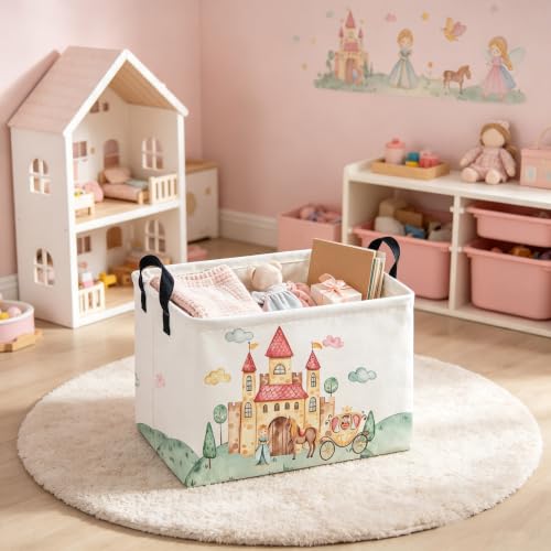 Image of Rectangular Pink Princess Storage Basket,Cute Basket for with Handles for Room Decor,Gift Baskets,Girl pink room decor(Watercolor castle)