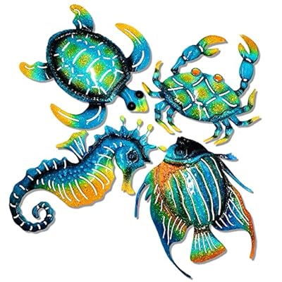 Set of 4 Metal Outdoor Wall Art Decor, Blue Turtle Fish Crab and Seahorse Suitable for Beach Ocean Pool Decor, Metal Yard Fence Garden Children Room Bathroom Livingroom Wall Decoration