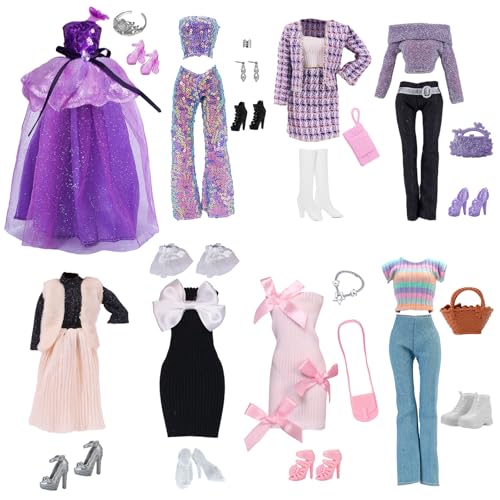 34 peças de roupa e acessórios para bonecas Barbie de 11,5 polegadas, 8 conjuntos de roupas, 1 vestido de princesa, 1 saia de balé, 3 saias elegantes, 7 tops