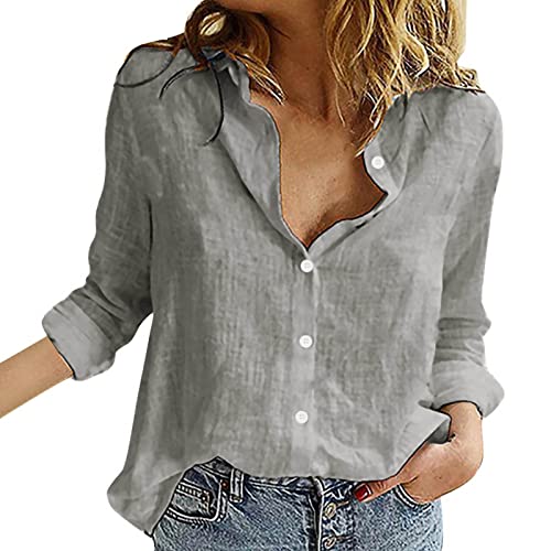 Camisa de lino para mujer de talla grande, camisa anti UV para mujer, manga larga, blusa transpirable, blusa corta, color liso, top chic, ropa con botón Loungewear Diarias Blusas, gris, M