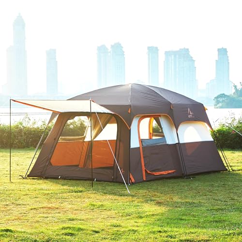 Image of KTT Large Tent 6-12 Person,Family Cabin Tents,Straight Wall,3 Doors and 3 Windows with Mesh,Waterproof,Big Tent for Outdoor,Picnic,Camping,Family,Friends Gathering.