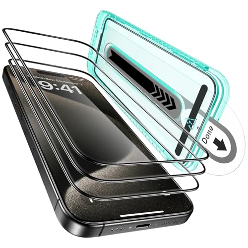 ESR Protector Pantalla para iPhone 15 Pro Max, 3 Piezas, Cristal Templado Ultra Resistente Arañazos, Marco Instalación Fácil, Protección Grado Militar