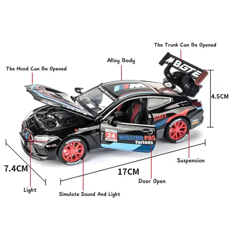 Image of Kids Model 1:32 Mission M8 Die Cast Metal Car Pull Back Action Opening Doors with Realistic Engine Sound Lights Toy Car Gift for Boys - Black