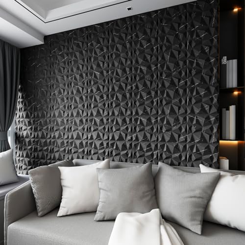 Image of Art3d A10315BM 3D Diamond Design Paneling for Interior Decor, Living Room, TV Wall Background, Bedroom, Gaming Setup, 11.8 inch x 11.8 inch, Black Marble, 33 Pack