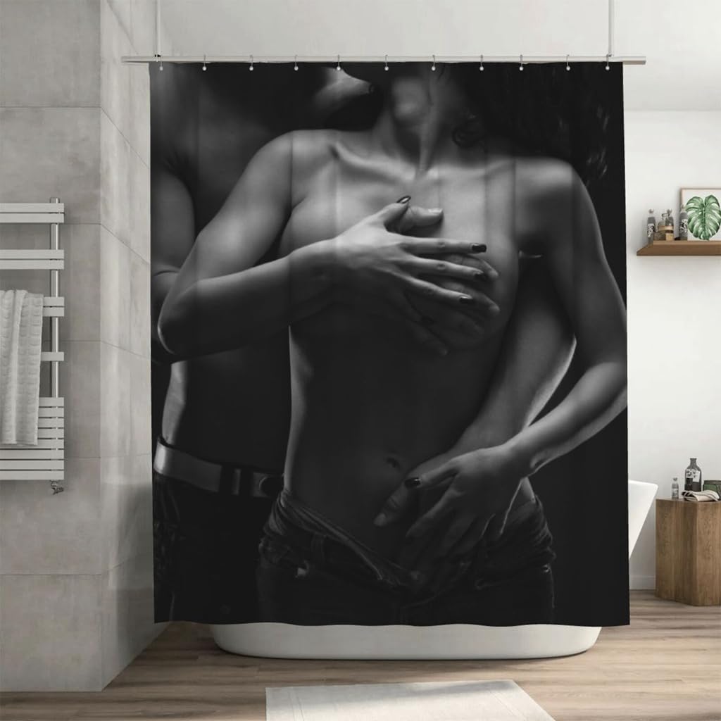 Young Couple in Love Shower Curtain Set Couple Sexy Man Woman Sensual Black Love White Bathroom Curtains Polyester Fabric Waterproof Bath Curtains Decor 72" W x 72" L with Hooks