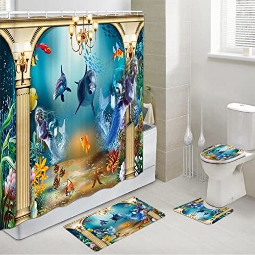 Delphin Duschvorhang-Set für Badezimmer, wasserdicht, mit 12 Haken, Polyester, waschbar, rutschfest, 180 x 200 cm, 4-teiliges Set