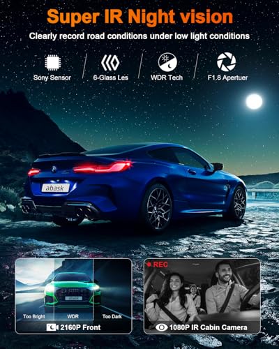 abask 4K dashcam auto GPS infrarood nachtzicht autocamera met 310° groothoek, G-sensor, loopopname, WDR, 24 uur parkeerbewaking, veiligere supercondensator, max. 256 GB geheugenkaart - Afbeelding 5