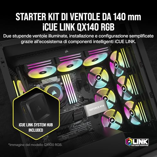 CORSAIR iCUE LINK QX140 RGB Cupola Magnetica da 140 mm Ventole - Doppio Ventole Starter Kit con iCUE LINK System Hub - Nero - Sistema di raffreddamento - Immagine 1