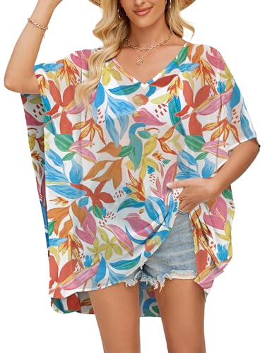 Chunoy Womens Side Slit Chiffon Tunic V Neck Casual Loose Tops Summer Beach Cover Up