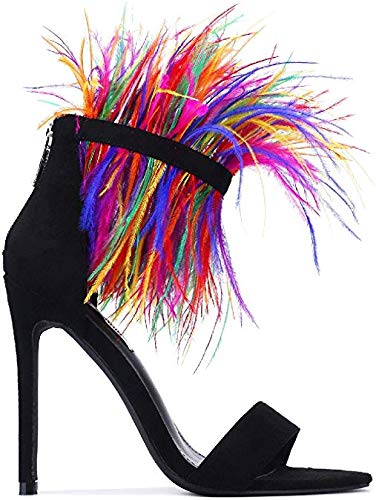 Buy 1 get 1 🔥 Cape Robbin Yuki-7 Black Feather Ankle Cuff Open Stiletto Heeled Sandal Pumps (7, Multi)