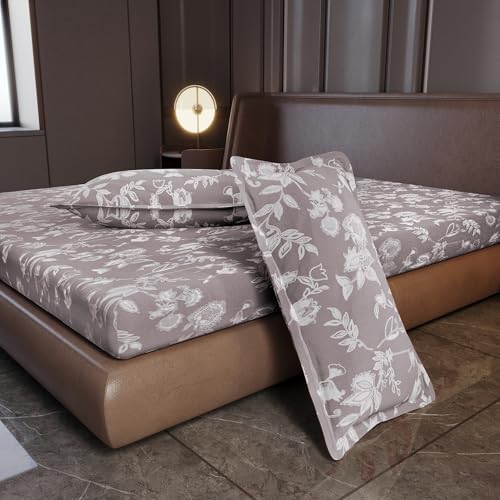 Image of Divine Casa 210 TC Cotton King Size Bedsheet | Soft Breathable Wrinkle Resistant Bed Sheet with 2 Pillow Covers | Pigment Twill Satin Bedding | 275 x 275 cm (Muted Red-Brown, Floral)