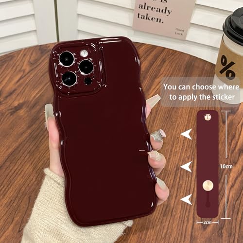 NITITOP Compatible with iPhone 12 Pro Max Case Cute Simple Wave Design Stylish Wavy Curly Frame with Wrist Adjustable Hand Strap Kickstand Grip Holder Soft Silicone Protective Cover - Wine Red by NITITOP - Image 3