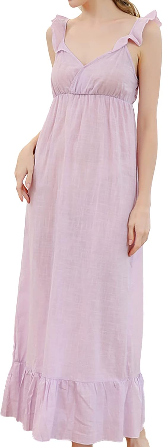 Lu’s Chic Women’s Long Nightgown Summer Linen Maxi Ruffled Sleeveless V Neck Pajama Sleep Dress