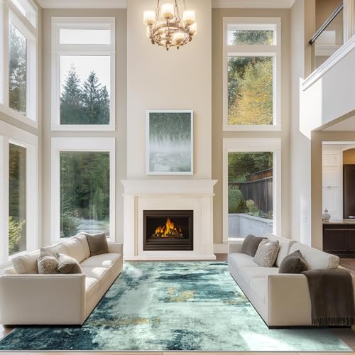 10x14 Area Rugs for Living Room Rug Washable: Abstract Large Rug Indoor Modern Carpet Non Slip for Dining Room Bedroom Nursery Home Office Teal Grey Gold