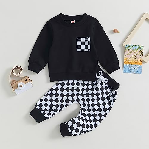 Karuedoo Baby Boy Girl Fall Outfits Checkered Plaid Pullover Sweatshirt Top Pants Set Trendy Toddler Checkerboard Outfit2