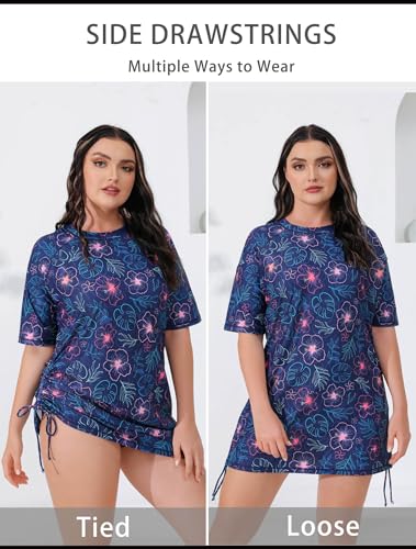 Halcurt Women's Plus Size Short Sleeve Rash Guard Ruched Side Drawstring Adjustable Swim Shirt UPF50 Quick Dry Swimsuit Top3