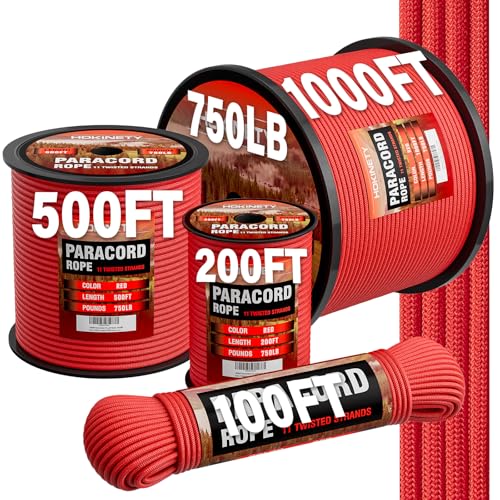 HOKINETY Paracord Rope 750 - Parachute para Cord 4mm 11 Strand Spool Rope Utility Nylon String for Outdoor Camping Survival Utility Tent Crafting DIY Projects - Red 100ft