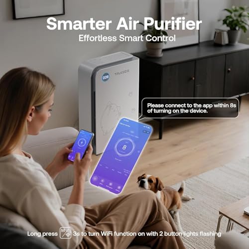Image of Trucozie Large Pet Air Purifier for Home up to 3000 Ft, Absorbs Floating Cat and Dog Hair, Smart WiFi, 3-in-1 Filter with Anion, Activated Carbon & HEPA for Pet Allergies, Smoke, Dust, White