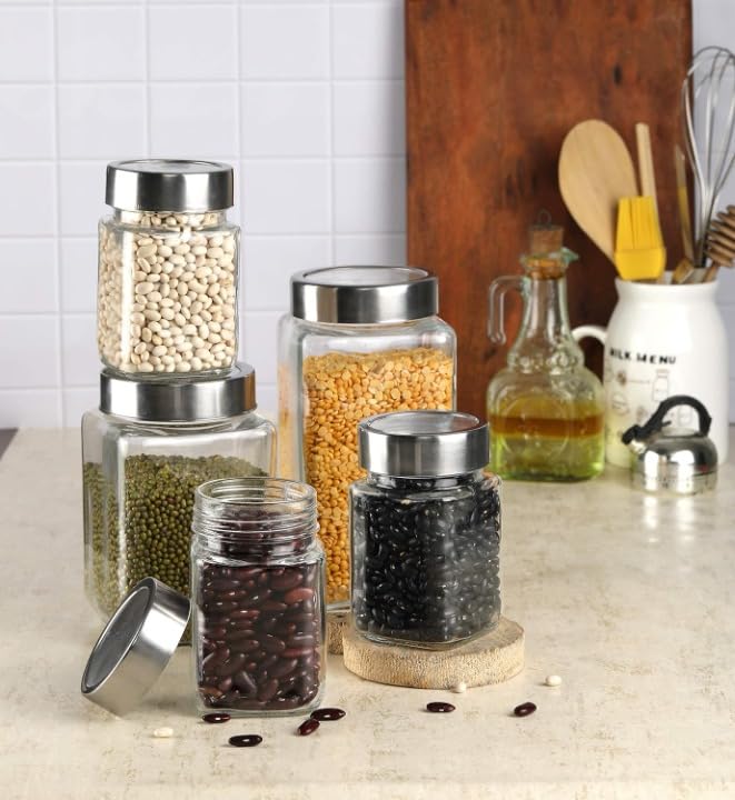 Image of SITOVI Premium Qube Glass Jars - 2 x 1000ml Airtight Containers | Stylish, Stackable, Transparent Kitchen Storage for Dry Fruits, Pulses, Snacks